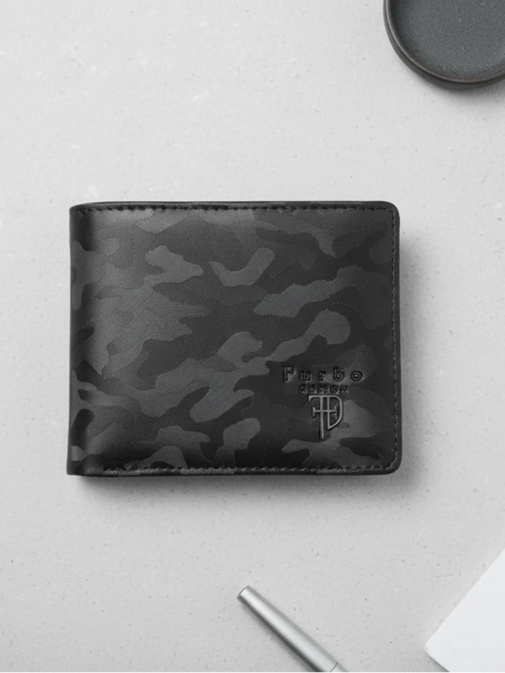 Furbo Design Black Italian Design Camouflage Microfiber Leather Bi-Fold Wallet